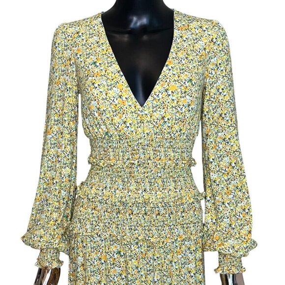 AFRM Yellow Floral Smocked Midi Dress XS - Picture 4 of 11